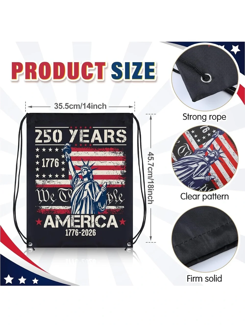 Patriotic 250 Years Drawstring Backpack - Black & Red